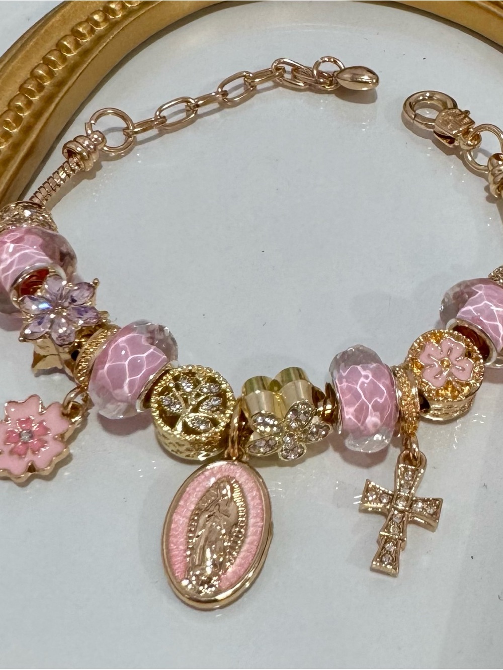 New Gold-Tone Pink Charm Bracelet with Cross and Miraculous Medal
